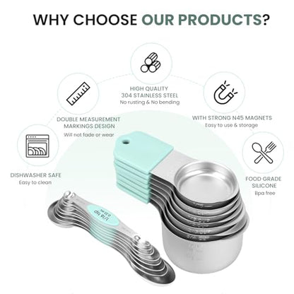 HOUJIP Magnetic Measuring Cups and Spoons Set-304 Stainless Steel,Mint | Double Measurement Markings,BPA-Free,Set of 16 with Leveler for Measuring Dry and Liquid Ingredients - color: Mint