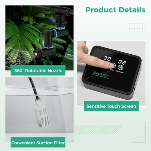 Reptile Humidifier System With 360° Nozzles & Led Touch Screen, Auto Mist Timer For Terrarium, Ideal For Amphibians And Rainforest Tanks