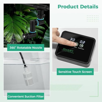 Reptile Humidifier System With 360° Nozzles & Led Touch Screen, Auto Mist Timer For Terrarium, Ideal For Amphibians And Rainforest Tanks