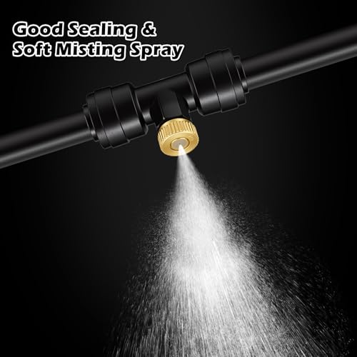 Yotako 1/4'' Slip-Lock Misting Nozzles Kit | 12Pcs Brass Misting Nozzles 10Pcs Water Misting Nozzle Tees Thread Misting Nozzle Tees with Plugs for Spray Cooling System