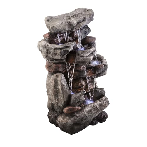 Alpine Corporation WIN730 Outdoor Floor Tiered Rock Waterfall Fountain with LED Lights and Natural Stone Look, 52", Brown - style: 5-Tier 52" H - Cool White LEDs