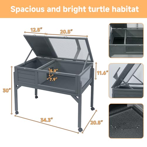 Large Tortoise Habitat with Legs Wheels Fixed Tray Openable Roof Indoor Outdoor Large Tortoise Cage House Reptile Terrarium with Storage Shelf Enclosure Lamp Holder (Gray, Medium Size)
