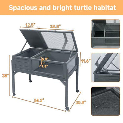 Large Tortoise Habitat with Legs Wheels Fixed Tray Openable Roof Indoor Outdoor Large Tortoise Cage House Reptile Terrarium with Storage Shelf Enclosure Lamp Holder (Gray, Medium Size)