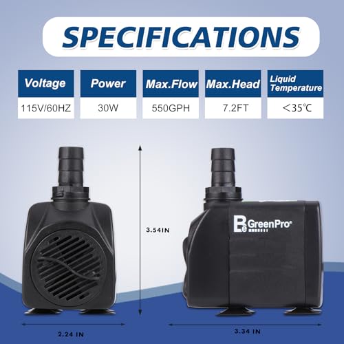 550GPH Submersible Water Pump(2000L/H 30W), Adjustable Ultra Quiet Fountain Pump with 4 Nozzles 7.2ft High Lift for Aquarium, Fish Tank, Pond, Waterfall, Outdoor, Hydroponics - size: 550GPH
