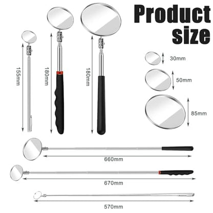 3 Pieces Telescoping Inspection Mirror Inspection Tool for Check the Condition of Vehicle, Observe the Eyelashes, Mouth and Other Small Parts(Round,3 Kinds of Size) - size: 3 Kinds of Size, style: Round
