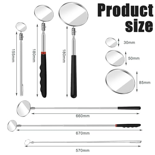 3 Pieces Telescoping Inspection Mirror Inspection Tool for Check the Condition of Vehicle, Observe the Eyelashes, Mouth and Other Small Parts(Round,3 Kinds of Size) - size: 3 Kinds of Size, style: Round