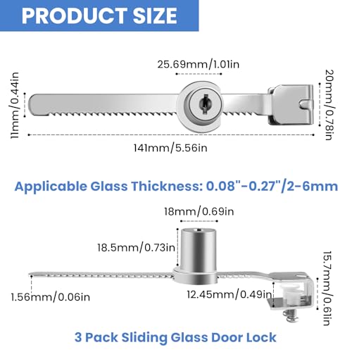 3Pcs Sliding Glass Door Ratchet Lock with Chrome Finish, Keyed Alike | Fits 2-6mm Glass, Secure Showcase Display Case Lock for Cabinets, Retail Stores & Home Use