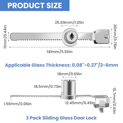 3Pcs Sliding Glass Door Ratchet Lock with Chrome Finish, Keyed Alike | Fits 2-6mm Glass, Secure Showcase Display Case Lock for Cabinets, Retail Stores & Home Use