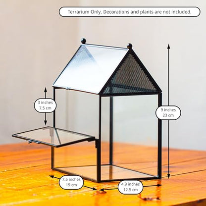 NCYP Glass Enclosure with Vent Holes for Small Insect, Jumping Spiders, Mantis - 7.5" x 4.9" x 9" Front Opening Door House Shape Vented Glass Terrarium, Home Decor Black (Terrarium Only) - size: 7.5" x 4.9" x 9"