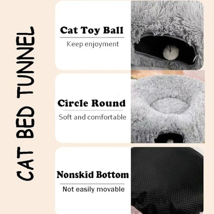 Cat Bed Tunnel Tube Toy Grey Plush | Collapsible Round Tunnels for Indoor Cats, Interactive Toys Play Tubes with Hanging Ball for Kitten, Puppy, Rabbit - color: Grey Plush O