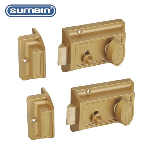 Night Latch Deadbolt Rim Lock,Antique Locks with Keys for Front Door,Gold Finish 2 Sets - color: QR3564-2 Gold