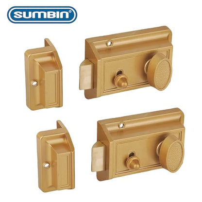 Night Latch Deadbolt Rim Lock,Antique Locks with Keys for Front Door,Gold Finish 2 Sets - color: QR3564-2 Gold
