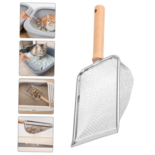 Stainless Steel Cat Litter Scoop with Wood Handle, 2x2mm Mesh Rock Sifter for Reptile and Small Pet Litter Cleaning, Sturdy Home Shovel for Kitten and Hamster Sand Management
