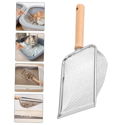 Stainless Steel Cat Litter Scoop with Wood Handle, 2x2mm Mesh Rock Sifter for Reptile and Small Pet Litter Cleaning, Sturdy Home Shovel for Kitten and Hamster Sand Management