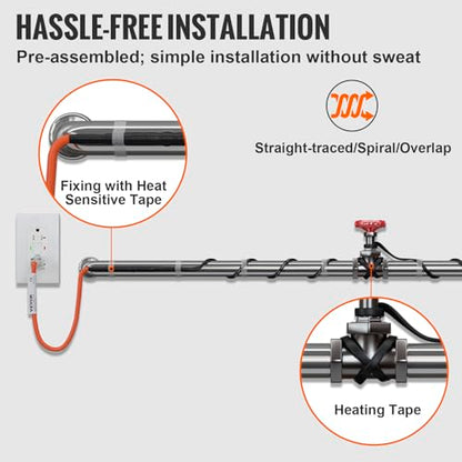 VEVOR Self-Regulating Pipe Heating Cable, 30-feet 5W/ft Heat Tape for Pipes Freeze Protection, Protects PVC Hose, Metal and Plastic Pipe from Freezing, 120V - size: 30 Feet