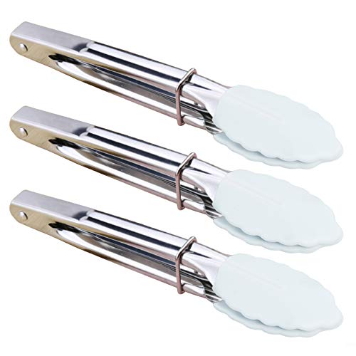 HINMAY 7-Inch Small Serving Tongs with Silicone Tips, Set of 3 (White) | 7-Inch Mini Tongs - color: White
