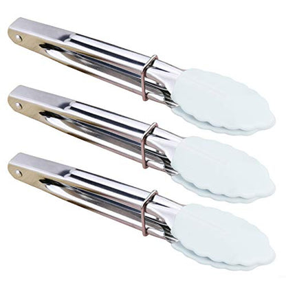 HINMAY 7-Inch Small Serving Tongs with Silicone Tips, Set of 3 (White) | 7-Inch Mini Tongs - color: White