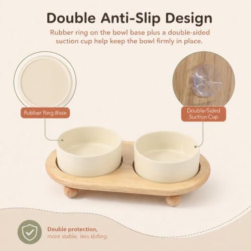 Havniva Raised Cat Bowl 5.1” Elevated Ceramic Cat Food and Water Bowl Set | Cat Bowls Elevated, Whisker Friendly Cat Bowl, Non-Slip Wood Stand, Food-Grade Ceramic, Wide Opening, Dishwasher Safe - color: Light Yellow, size: 2 Bowls+Tray - 5.1"