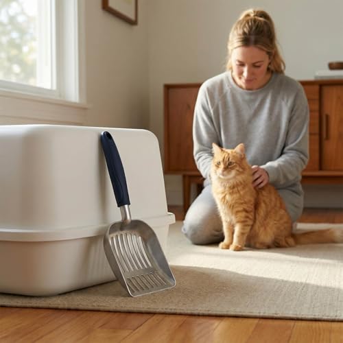 Cat Litter Scoop, Kitty Metal Scooper, Aluminum Alloy Sifter, Kitten Pooper Lifter, Deep Shovel, Long Handle, Poop Sifting, Durable, Heavy Duty, for Litter Box - color: Flat Aluminum-Blue Handle, size: Small