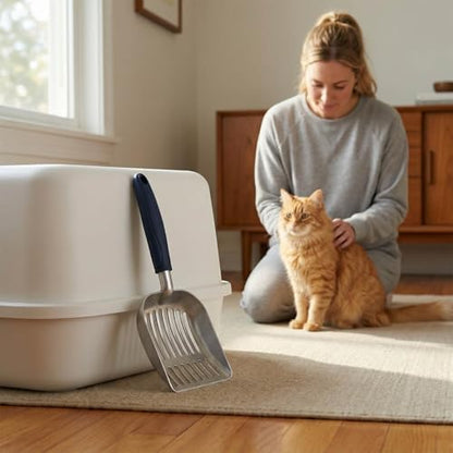 Cat Litter Scoop, Kitty Metal Scooper, Aluminum Alloy Sifter, Kitten Pooper Lifter, Deep Shovel, Long Handle, Poop Sifting, Durable, Heavy Duty, for Litter Box - color: Flat Aluminum-Blue Handle, size: Small