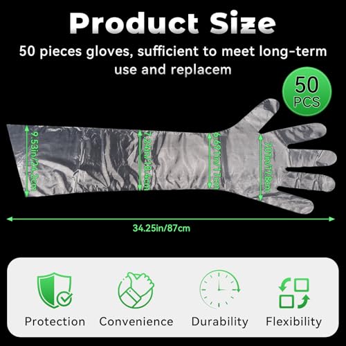 50 Pcs Plastic Long Arm Gloves, 35.4 in Veterinary Insemination Glove | Long Shoulder Length Disposable Gloves for Field Dressing Gutting