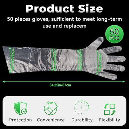 50 Pcs Plastic Long Arm Gloves, 35.4 in Veterinary Insemination Glove | Long Shoulder Length Disposable Gloves for Field Dressing Gutting