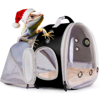 Back Extention Bearded Dragon Travel Backpack Carrier with Reptile Thermometer and Humidity Gauge Lizard Travel Cage Space Capsule Clear Bubble Window Astronaut Reptile Carrier Bag for Ball Python - color: Black