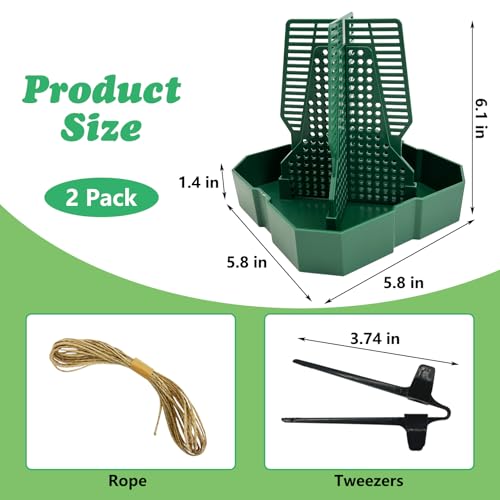 2PCS Reptile Hunting Bowl,5.8"×5.8"×6.1" H Insect Feeding Box with Rope and Tweezers Chameleon Feeder Bowls Hanging Bearded Dragon Bug Bowls Mounted Insect Reptile Feeder Box (Green,Large) - color: Green, size: Large:5.8"L×5.8"W×6.1"H
