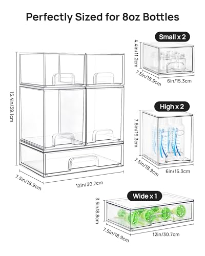 Vtopmart Stackable Storage Drawers Set of 5, Clear Plastic Organizer Bins for Baby Bottle, Beauty Supplies Storage, Ideal for Kichen Countertop, Vanity, Bathroom, Cabinet, Pantry Organization - style: 2 Small+2 High+1 Wide
