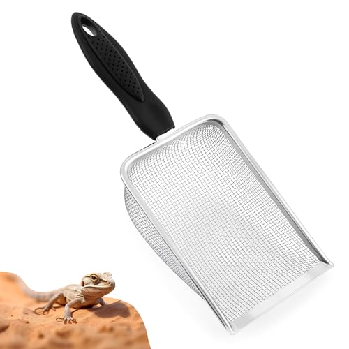 Stainless Steel Fine Mesh Litter Shovel, Reptile Cleaner Scooper | Metal Non-Slip Black Handle Sifter for Lizard Substrate, Reptile Terrarium Sand & Waste