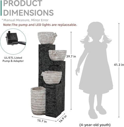 40" H Multilayer Cascading Outdoor Water Fountain with LED Lights & Pump, Sand-Textured Polyresin Freestanding Garden Fountain for Tranquil Garden, Patio or Porch | Unique Sand-Textured Polyresin Freestanding Garden Fountain for Garden, Patio or Porch - c