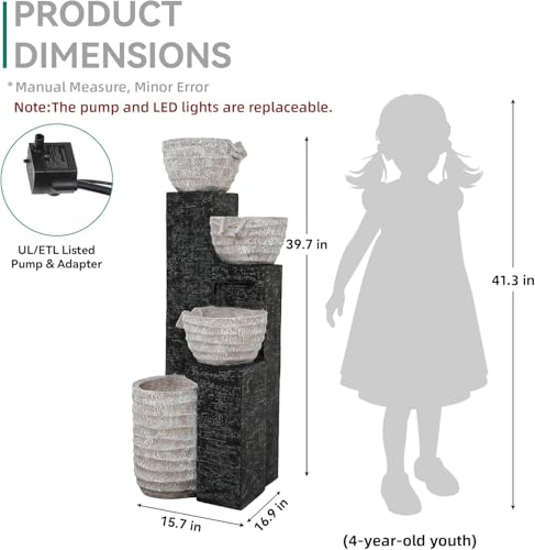 40" H Multilayer Cascading Outdoor Water Fountain with LED Lights & Pump, Sand-Textured Polyresin Freestanding Garden Fountain for Tranquil Garden, Patio or Porch | Unique Sand-Textured Polyresin Freestanding Garden Fountain for Garden, Patio or Porch - c