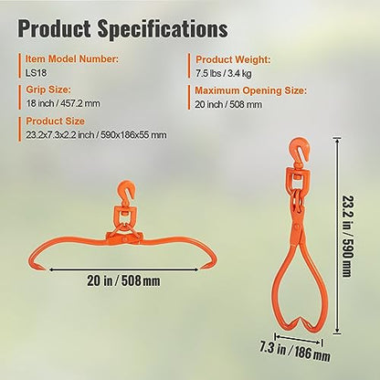 VEVOR Log Skidding Tongs, 18 inch 2 Claw Log Lifting Tongs, Heavy Duty Rotating Steel Lumber Skidding Tongs, 772 lbs/350 kg Loading Capacity, Log Lifting, Handling, Dragging & Carrying Tool - style: 18in-Swivel