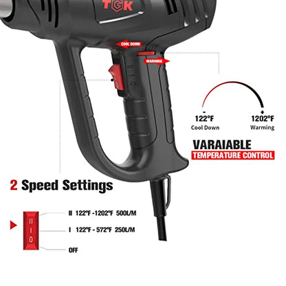 Heat Gun, TGK® 1800W Heavy Duty Hot Air Gun Kit 122℉~1202℉ Dual Temperature Settings with 3 Nozzle Attachments Overload Protection for Crafts, Shrink Wrapping/Tubing, Paint Removing, Epoxy Resin - color: Black