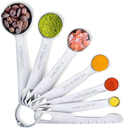 BALCI Stainless Steel Measuring Spoons - Set of 6 + Leveler | Heavy duty 18/8 stainless steel measuring spoon set with US & metric measurements for dry and liquid ingredients. - size: 6 Spoons and Leveler