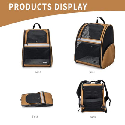 Cat Backpack Carrier for Small Dogs and Medium cat Puppy Kitten Bunny Pet Carrier Backpack Collapsible with Fully Ventilated Mesh with Safety Leash (Brown, 12.9" L x 10.62" W x 15.5" H - M) - color: Brown, size: Medium