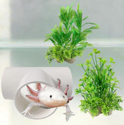 3 PCS Axolotl Hide Tube with 3 Holes, 2 Artificial Plants for Aquarium, Safe Cave and Aquatic Green Plant Set, Aquarium Decor Set for Axolotl, Fish, Turtles Tank Decorations Accessories