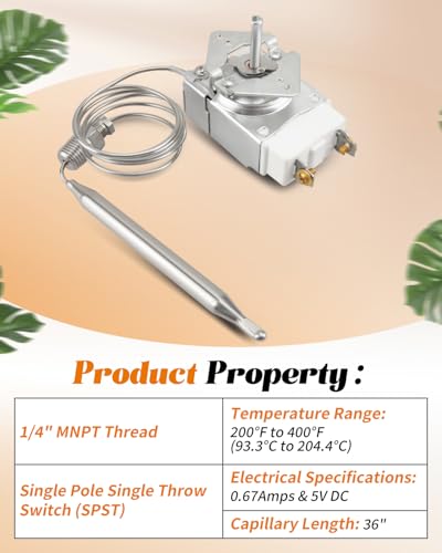 1175 Thermostat RX-1-36, 60125401 Thermostat Fit for Pitco Imperial 1175 Royal Range 3113, 1/4" Thread Mpt Stuff Box 200-400F - size: 1/4