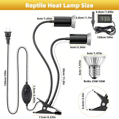 Reptile Heat Lamp with Timer & Hygrothermograph, Double-Head UVA UVB Reptile Light, Simulated Sunlight Basking Spot Lamp for Turtle, Lizard, Snake, Beared Dragon, Amphibians, 2 Bulbs 25W+50W