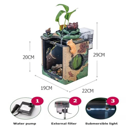 Fish Tanks with Water Fountain,Indoor & Outdoor Small Fish Pond Kit,Water Pump & Filtration & LED Light,Tabletop Aquarium,Waterfall Decoration,Home Office Decor,A