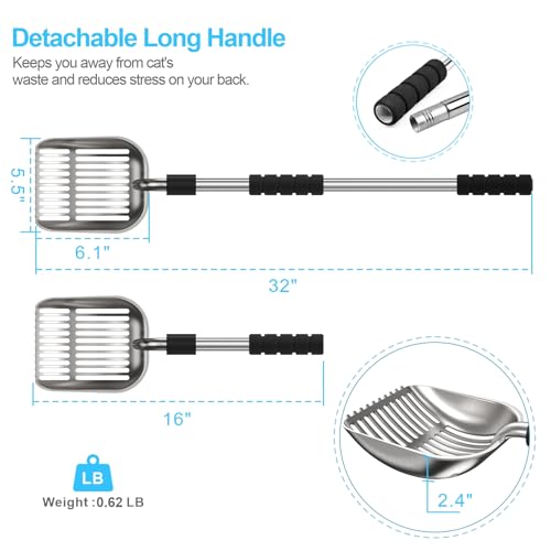 Depets Cat Litter Scoop, Metal Litter Scooper with Deep Shovel, Detachable Long Handle Cat Litter Sifter with Holder, Large Durable Cat Litter Shovel with Foam Pad Grip for Easy Sifting