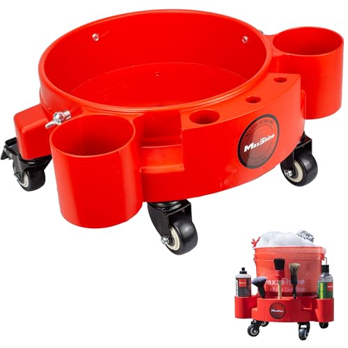 Maxshine Universal Rolling Bucket Dolly – Heavy-Duty, 5 Wheels with 2 Locks, Tool Organizer – 360° Mobility for Car Wash Supplies & Auto Detailing Organization (Red) - color: Bucket Dolly (Red)