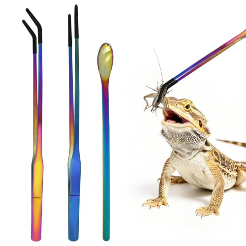 3 PCS Extra Long Stainless Steel Reptile Feeding Tongs and Spoon Set | Reptile Tweezers for Aquarium with Rubber Tip Straight and Curved Terrarium Handle Feeder Tools for Bearded Dragon, Lizards