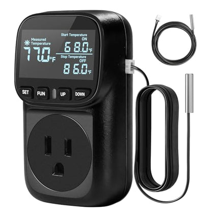 Reptile Thermostat Temperature Controller, Digital Timer Outlet for Greenhouse, Reptile Tank, Heat Pad, Seedlings, Fermentation, Brewing, Cyclic Timing/Countdown, 15A/1800W, VA Display - color: Black, size: Black