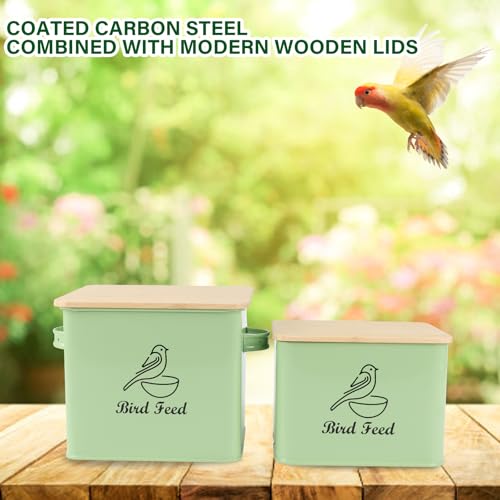 Bird Seed Storage Container Set of 2,10LB Bird Food Container-Green | Metal Bird Seed Container with Bamboo Lids, Airtight Wild Bird Seed Tin for Storing Sunflower Seed-Squirrel proof - color: Green(Bird Feed)