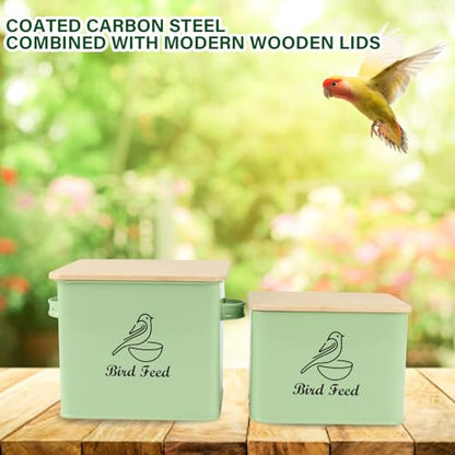Bird Seed Storage Container Set of 2,10LB Bird Food Container-Green | Metal Bird Seed Container with Bamboo Lids, Airtight Wild Bird Seed Tin for Storing Sunflower Seed-Squirrel proof - color: Green(Bird Feed)