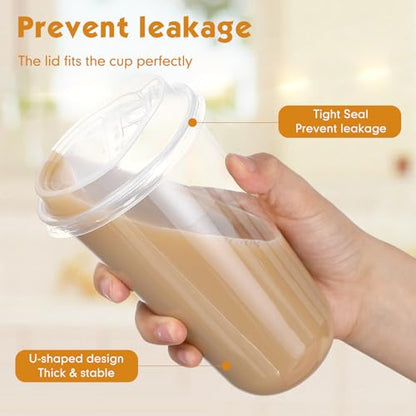 Baderke 100 Sets 18 oz Clear Plastic Cups with Lids,Sturdy Iced Coffee Cups with lids, Disposable Plastic Smoothie Cup for Cold Drinks - size: 18oz