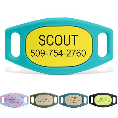 GoTags Active Silent Dog Tag, Personalized Engraved Silicone Pet ID Tags | Soundless Quiet Slide On Nameplate for Cat Collars with Name and Number, No More Jingling Tags (Mango Surf, Medium) - color: Active Mango Surf, size: Medium (Pack of 1)