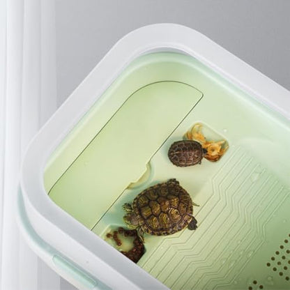 Indoor Tortoise Tank with Plastic Turtle Platform and Drainage System Portable Small Turtle Terrarium for Reptile Habitat Mint Green Basking Area