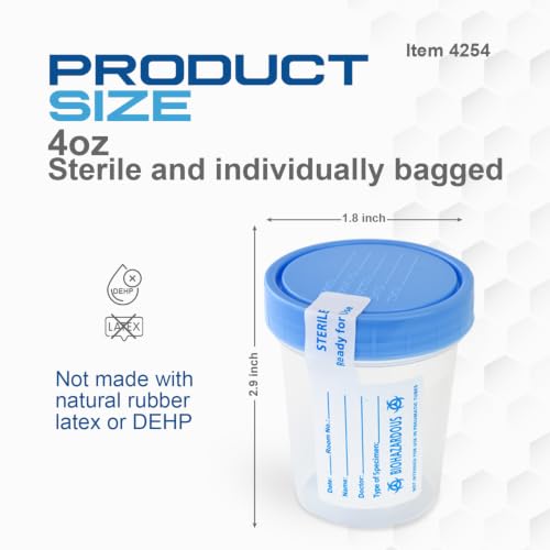 Dynarex Specimen Containers, 4 oz., Sterile, Bulk Packaged Specimen Cups with Clear Blue Lid, 1 Box of 100 (Packaging May Vary) | High-Density Polyethylene, Leak Resistant Design, Wide Mouth Opening, Screw Tight Blue Lid, For Urine Testing